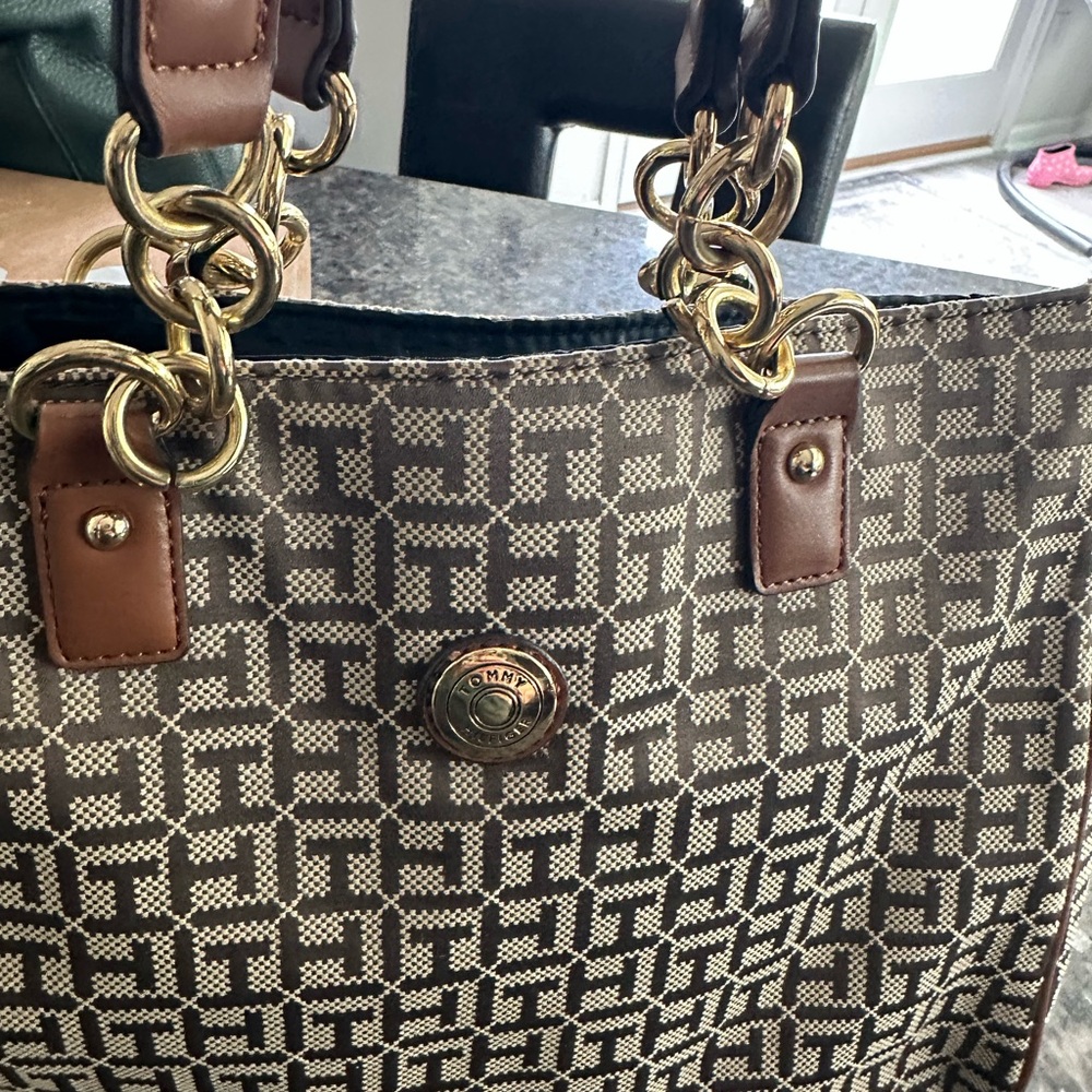 Tommy Hilfiger Brown Leather Trim Tote Bag
